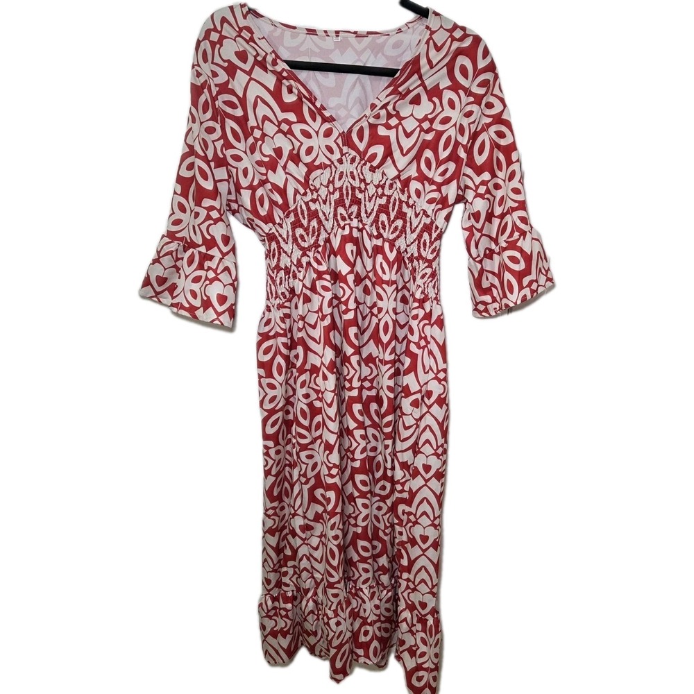 Womens Red White Abstract Print Midi Dress 2XL Smocked Waist Bell Sleeve
